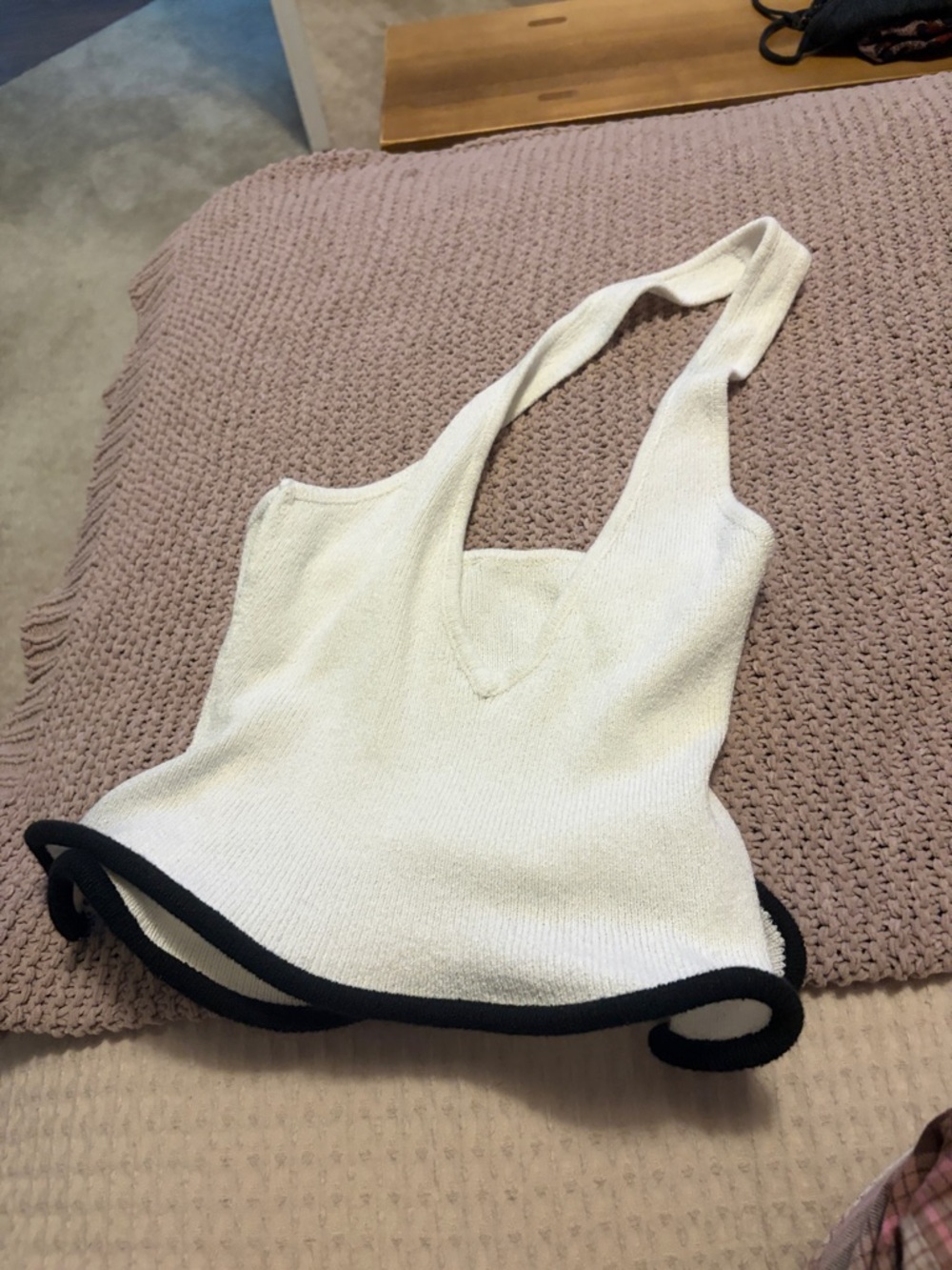 Ivory Knit V-Neck Halter Top with Black Trim